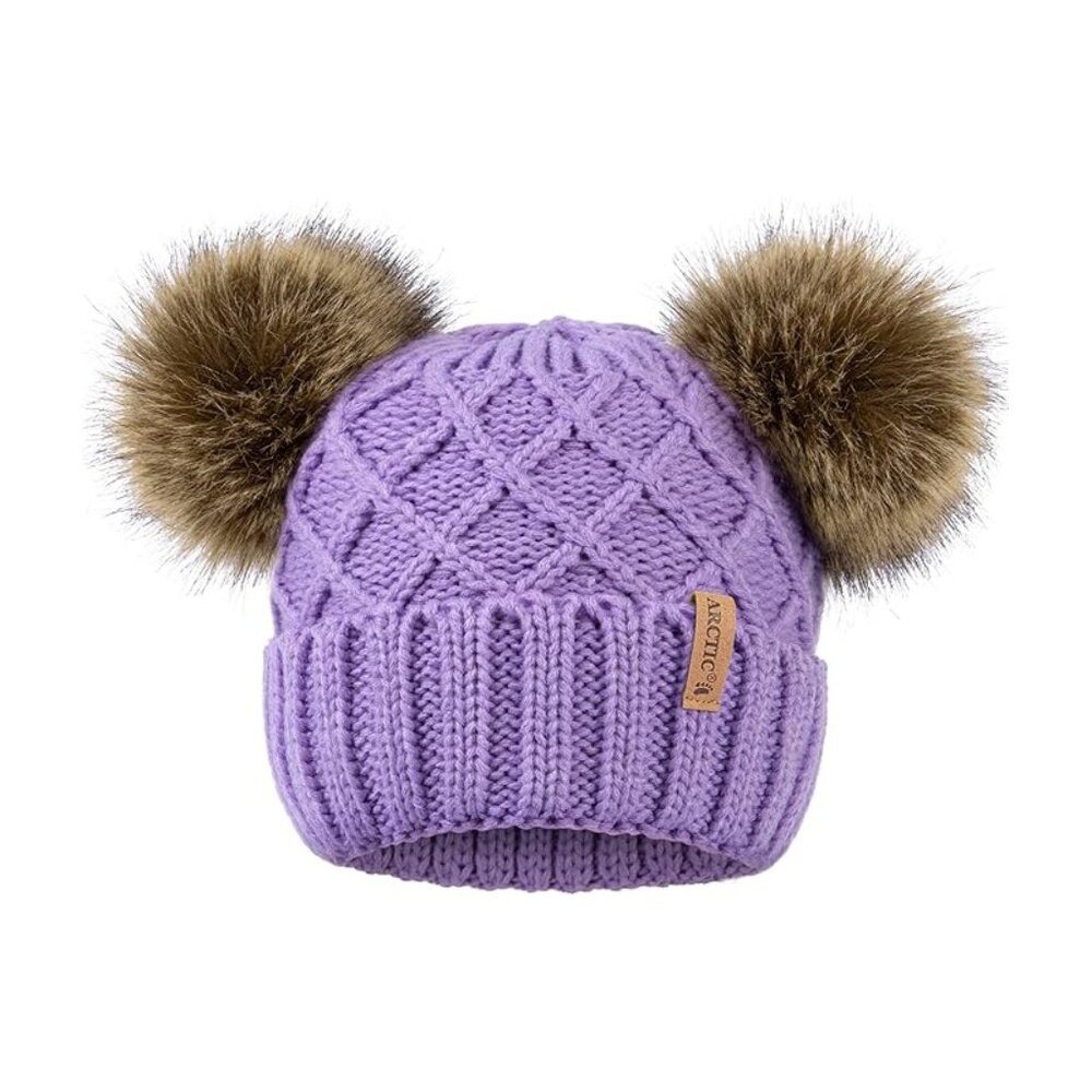 Arctic Paw Pom Pom Beanie Cable Knit Fleece Lined Winter Beanie Women Hat Purple